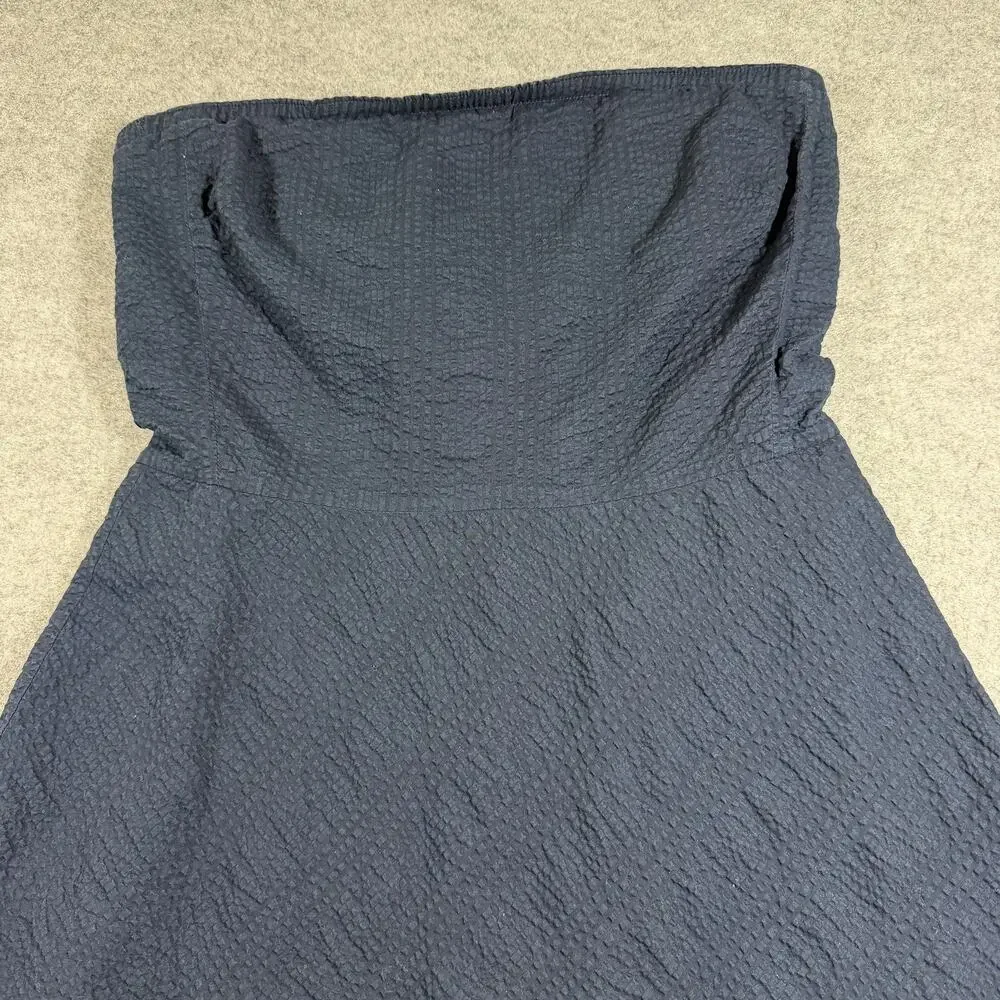 J.Crew Strapless Dress Womens 8 Navy Cotton Seersucker Sweetheart Midi Flare